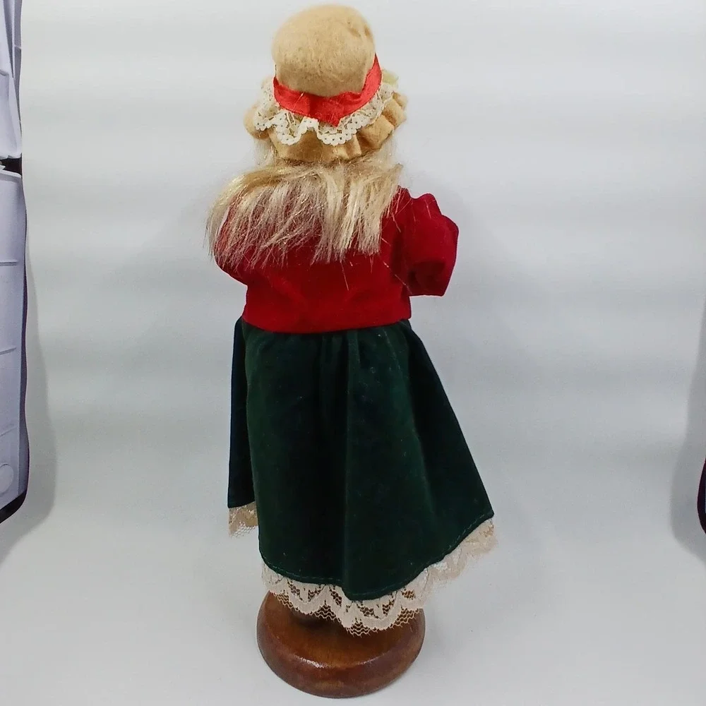 Vintage Christmas Caroler Girl Doll Red Green Velvet Dress‎ Holiday Wooden Base